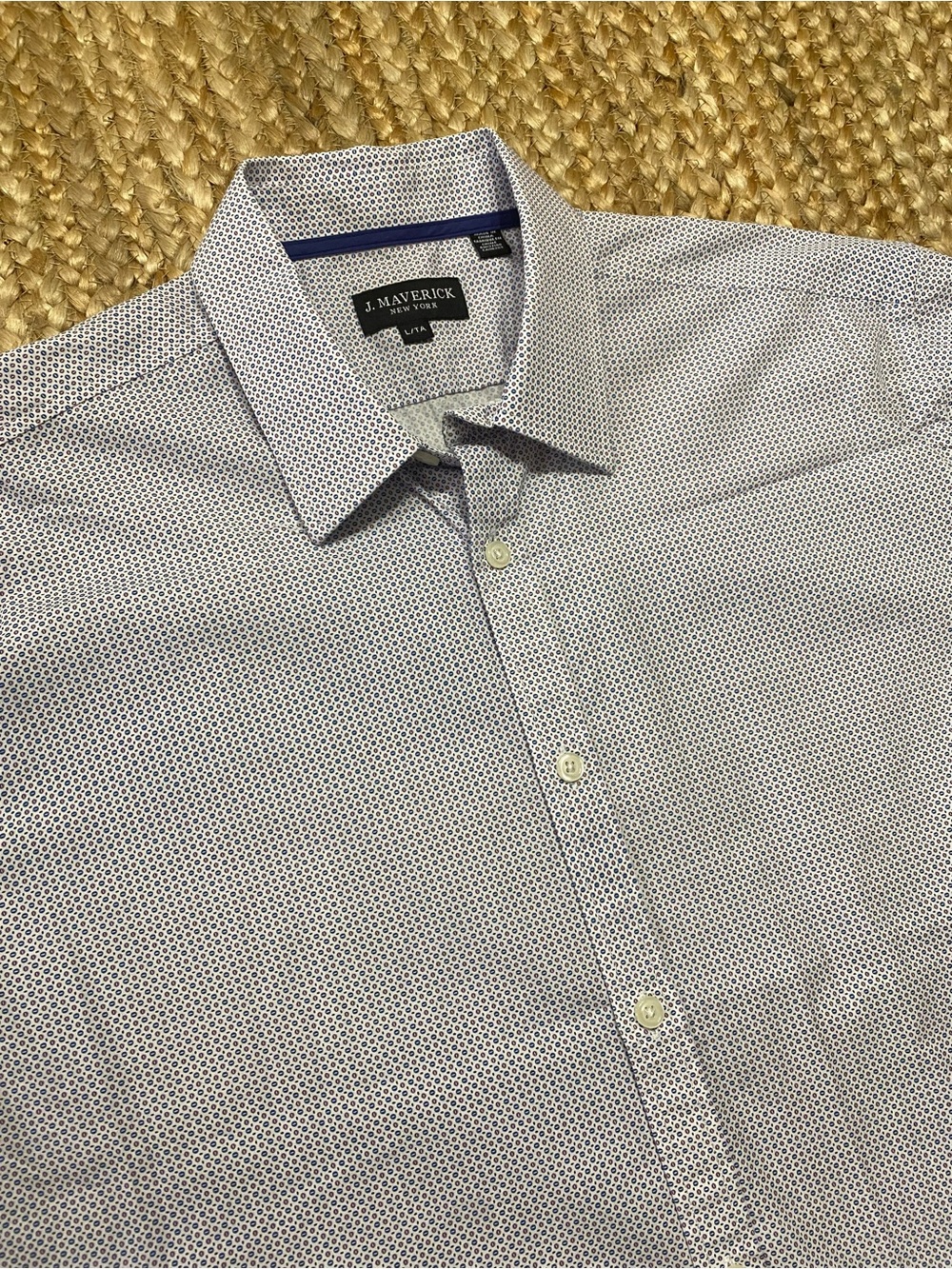 Men's White Short-Sleeve Dress Shirt with Blue Micro-Pattern